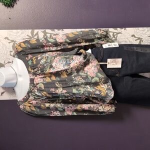 Black & Pastel Floral Peasant Top